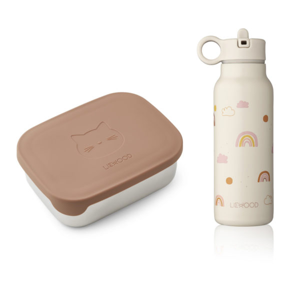 Liewood Joni Lunchbox-Set „Rainbow love sandy : Cat dark rose multi mix“ inkl. Falk Trinkflasche